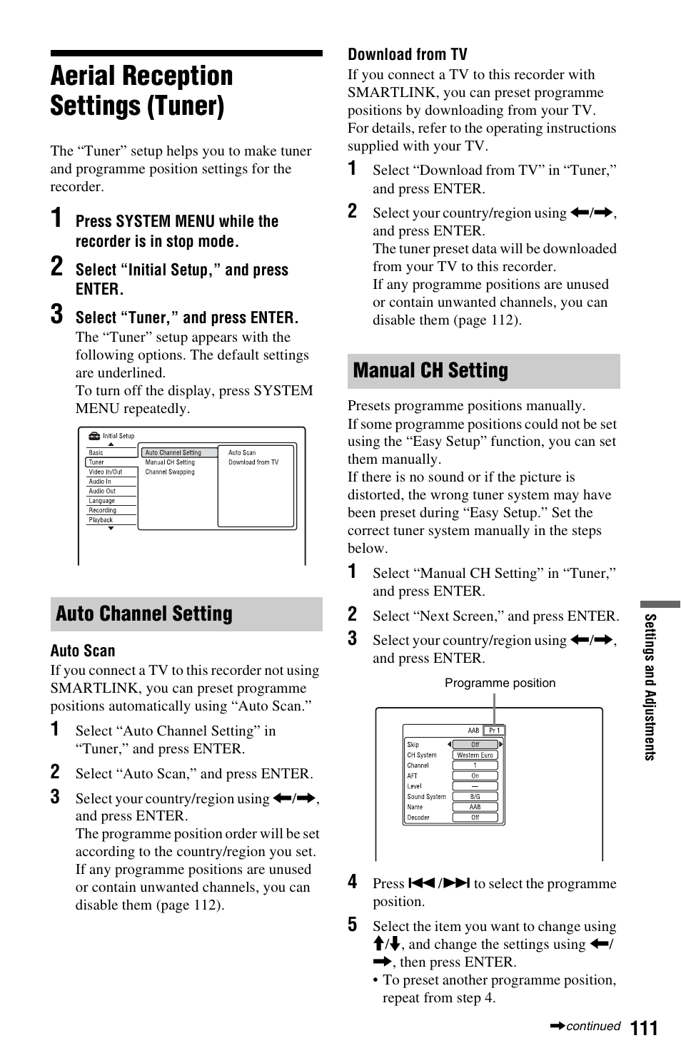 Aerial reception settings (tuner), Auto channel setting, Manual ch setting | Auto channel setting manual ch setting | Sony RDR-HX750 User Manual | Page 111 / 148