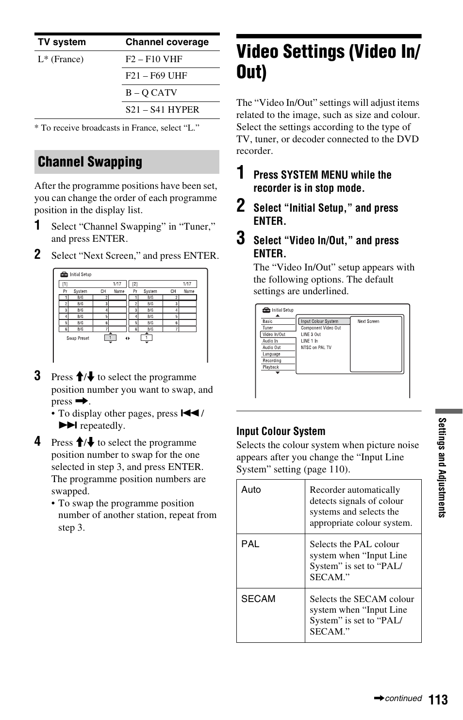 Channel swapping, Video settings (video in/out), Video settings (video in/ out) | Sony RDR-HX750 User Manual | Page 113 / 148