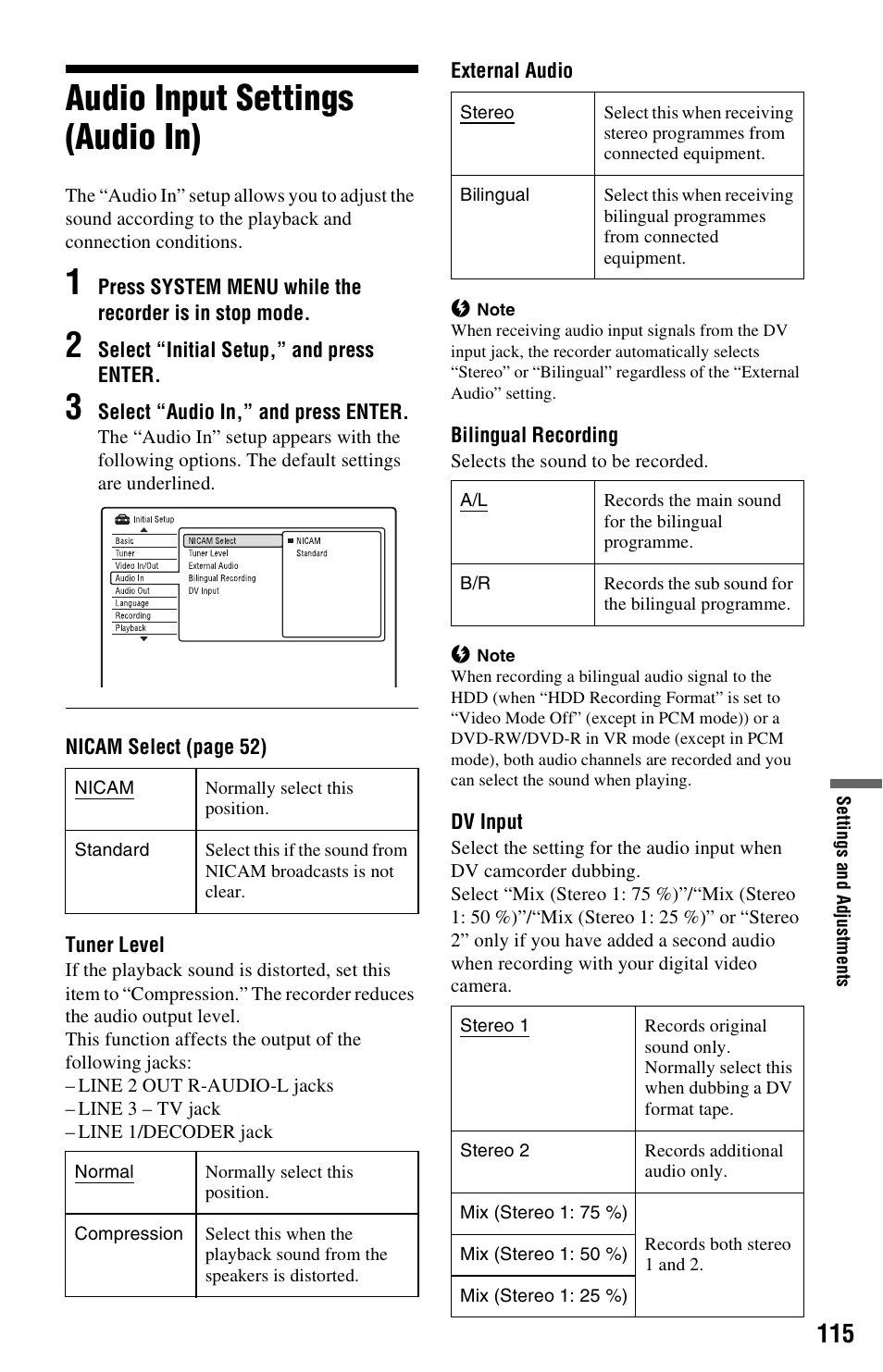 Audio input settings (audio in) | Sony RDR-HX750 User Manual | Page 115 / 148