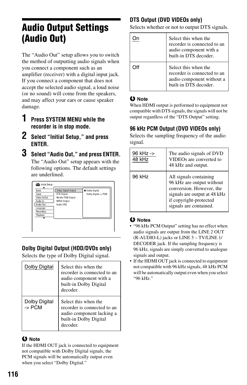 Audio output settings (audio out) | Sony RDR-HX750 User Manual | Page 116 / 148