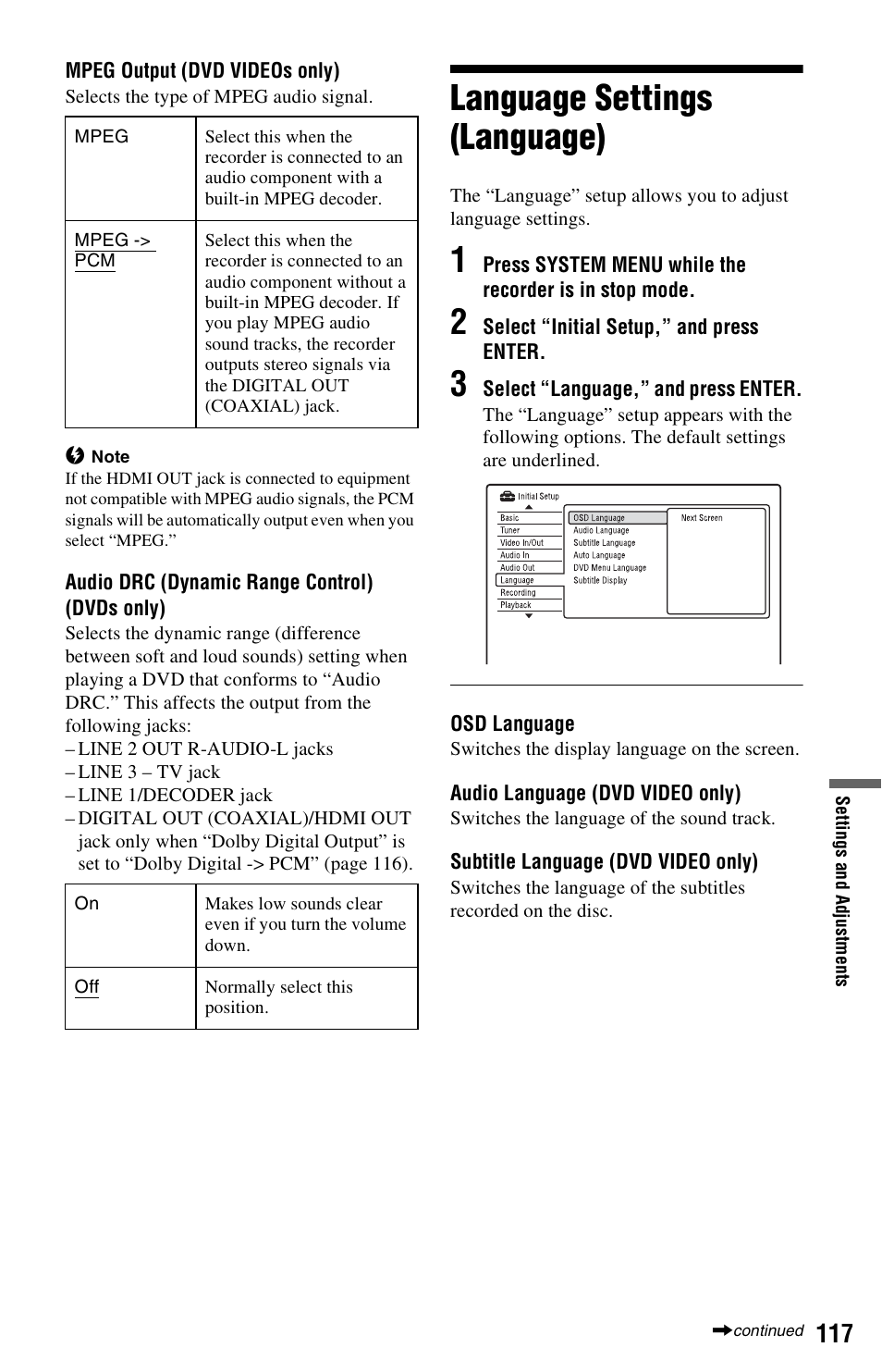 Language settings (language) | Sony RDR-HX750 User Manual | Page 117 / 148