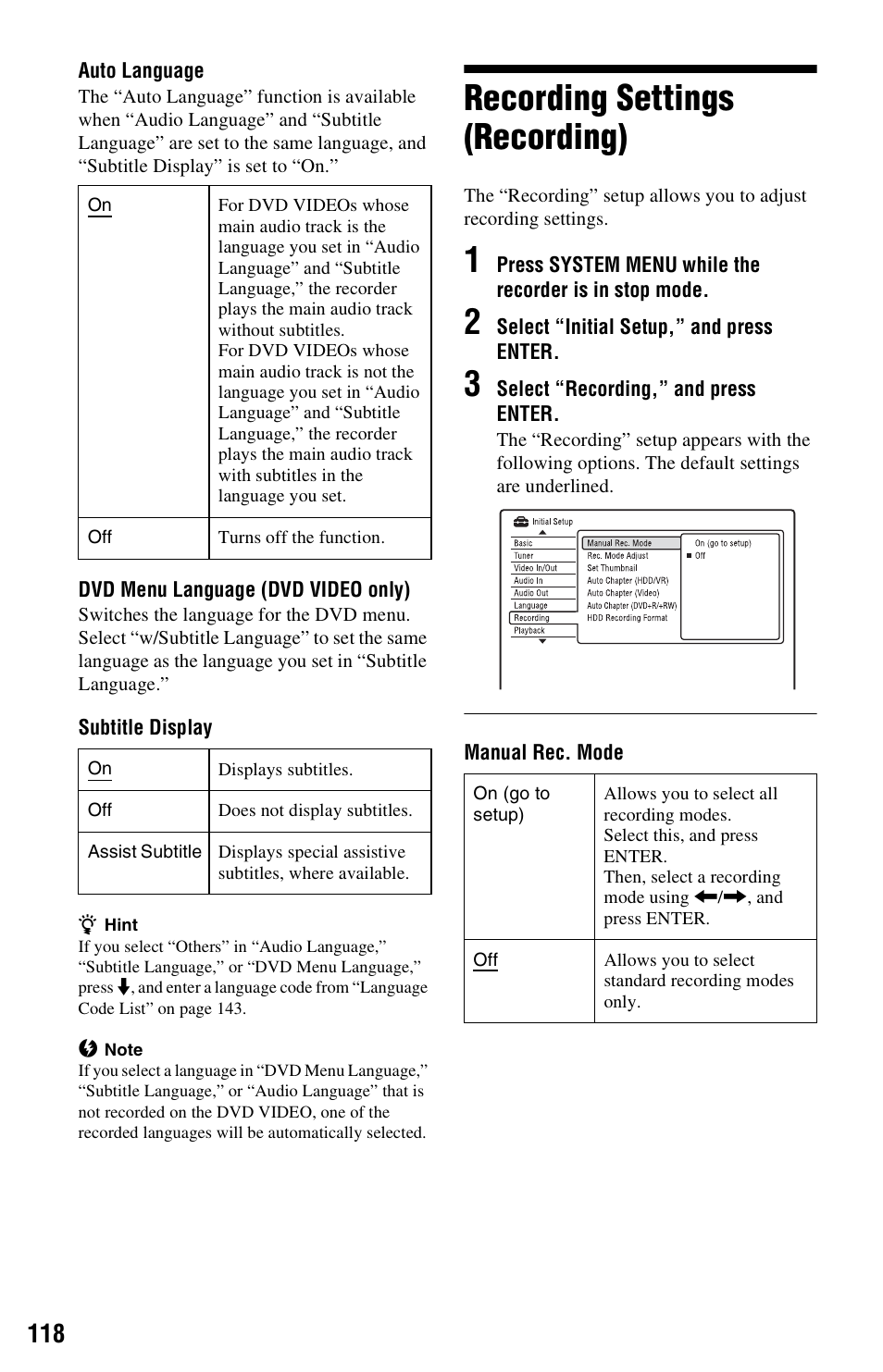 Recording settings (recording) | Sony RDR-HX750 User Manual | Page 118 / 148