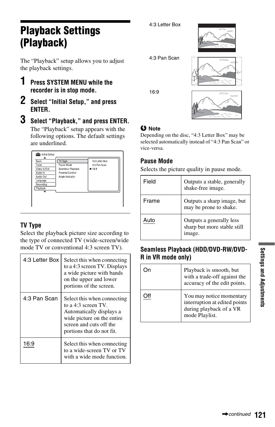 Playback settings (playback) | Sony RDR-HX750 User Manual | Page 121 / 148