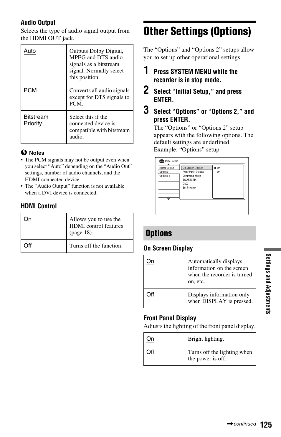 Other settings (options), Options | Sony RDR-HX750 User Manual | Page 125 / 148