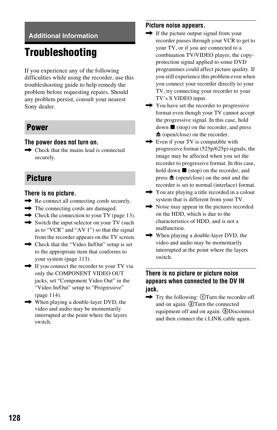 Additional information, Troubleshooting, Power picture | Sony RDR-HX750 User Manual | Page 128 / 148