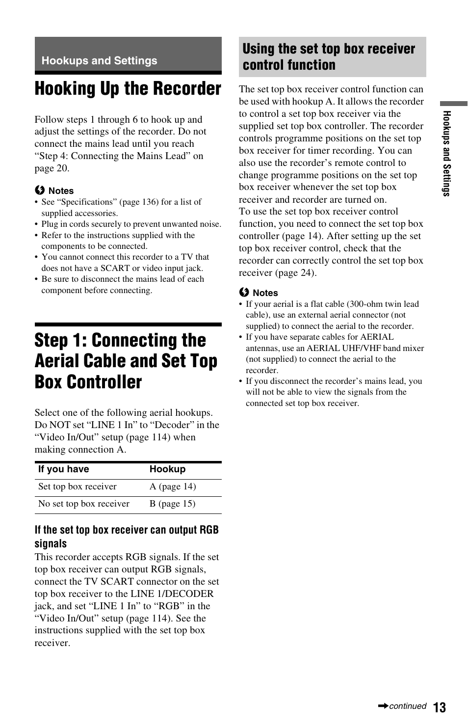 Hookups and settings, Hooking up the recorder, Using the set top box receiver control function | Sony RDR-HX750 User Manual | Page 13 / 148