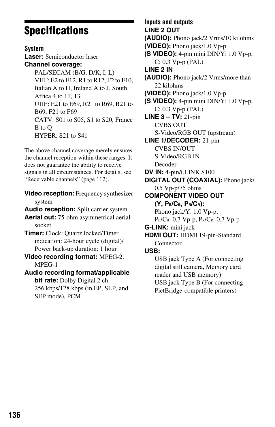 Specifications | Sony RDR-HX750 User Manual | Page 136 / 148