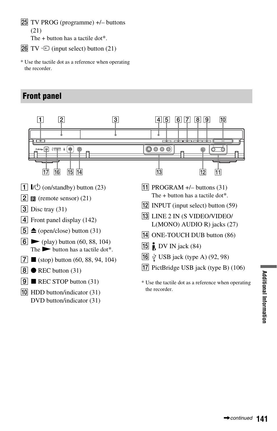 Front panel | Sony RDR-HX750 User Manual | Page 141 / 148