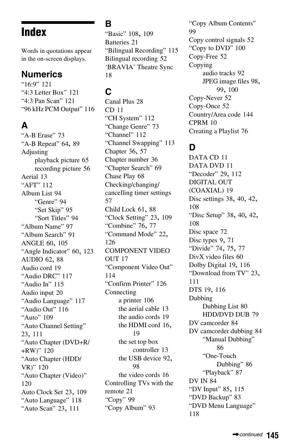 Index, Numerics | Sony RDR-HX750 User Manual | Page 145 / 148