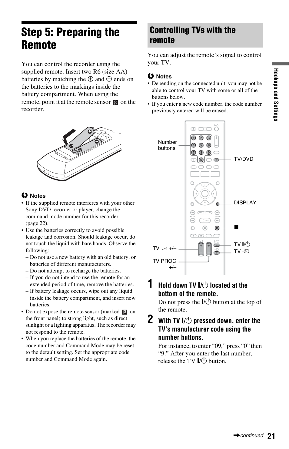 Step 5: preparing the remote, Controlling tvs with the remote | Sony RDR-HX750 User Manual | Page 21 / 148