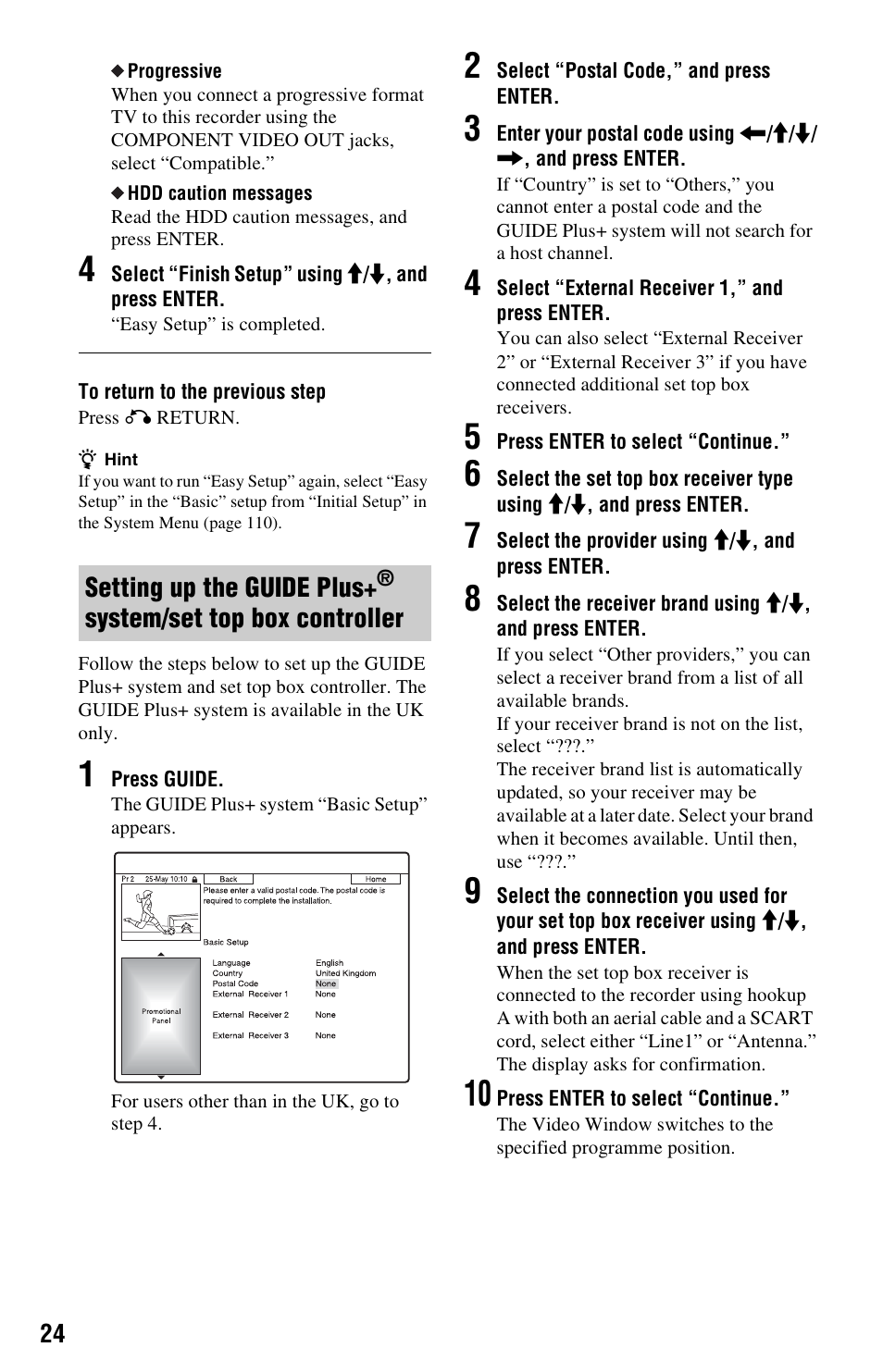 Setting up the guide plus | Sony RDR-HX750 User Manual | Page 24 / 148