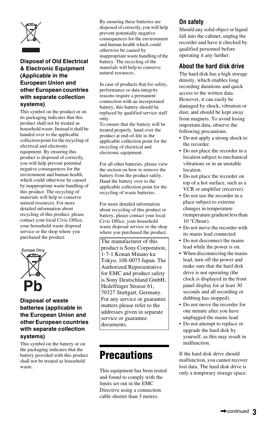 Precautions | Sony RDR-HX750 User Manual | Page 3 / 148