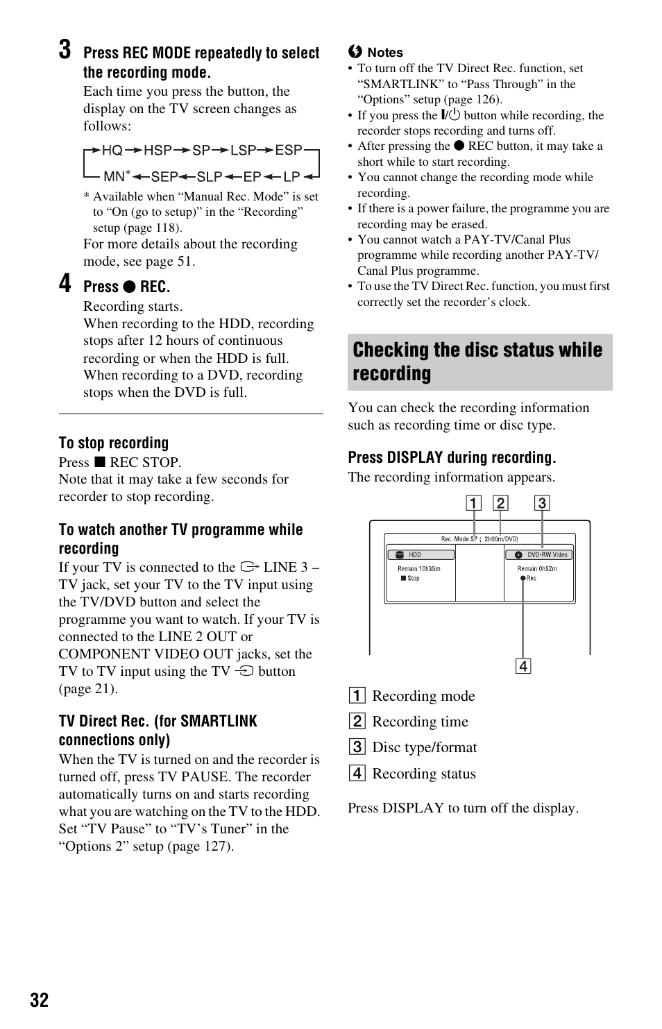 Checking the disc status while recording | Sony RDR-HX750 User Manual | Page 32 / 148