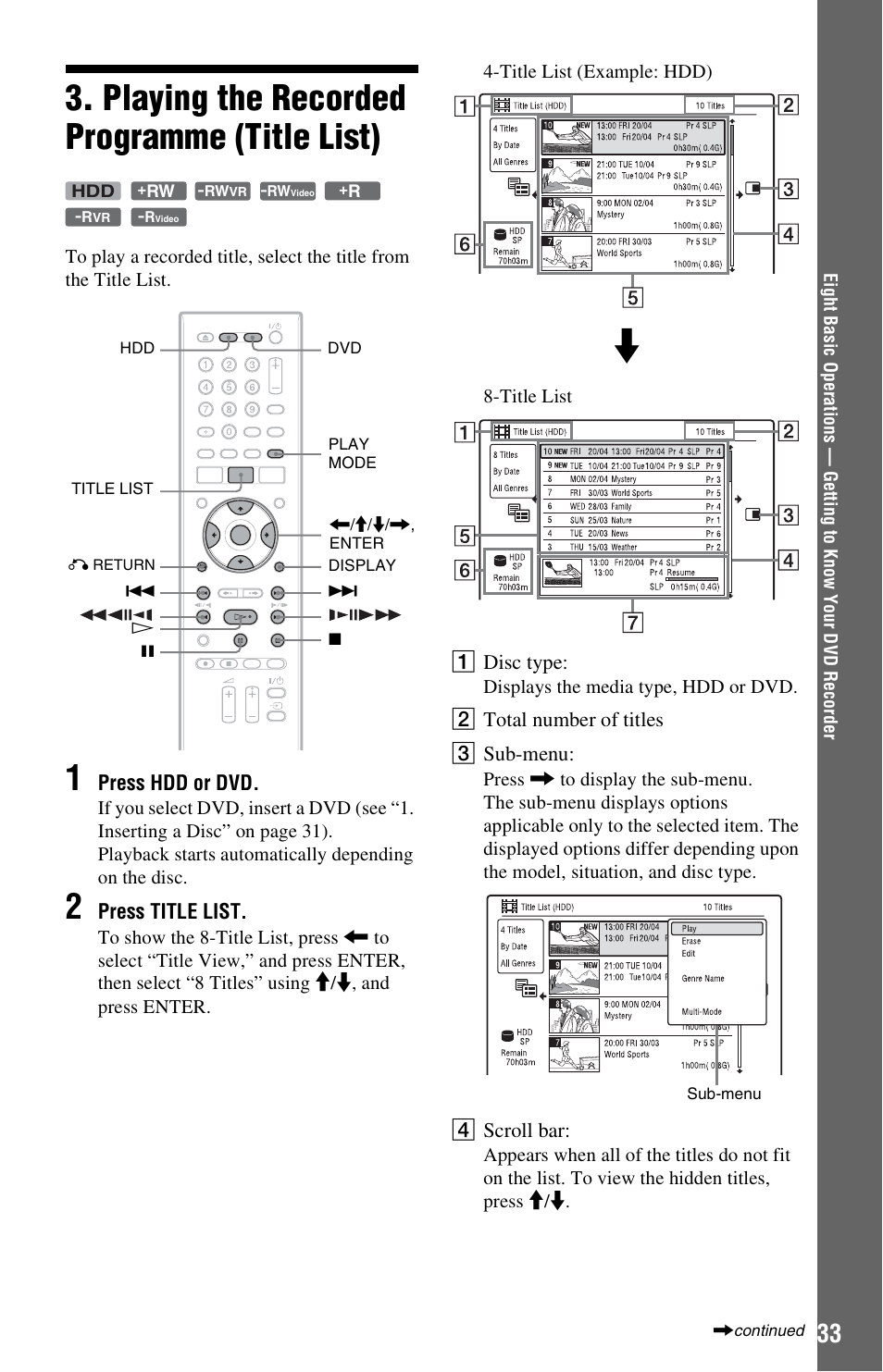 Playing the recorded programme (title list) | Sony RDR-HX750 User Manual | Page 33 / 148