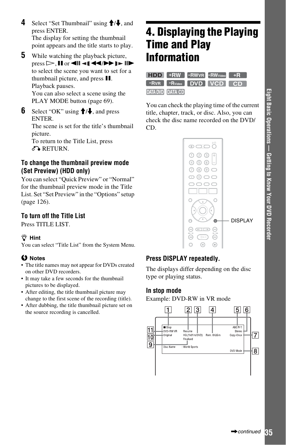 Displaying the playing time and play information | Sony RDR-HX750 User Manual | Page 35 / 148