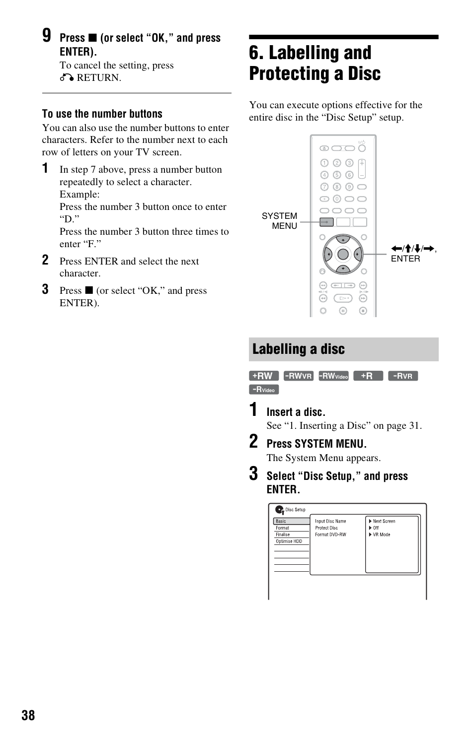 Labelling and protecting a disc, Labelling a disc | Sony RDR-HX750 User Manual | Page 38 / 148