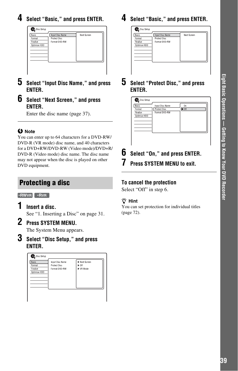 Protecting a disc | Sony RDR-HX750 User Manual | Page 39 / 148