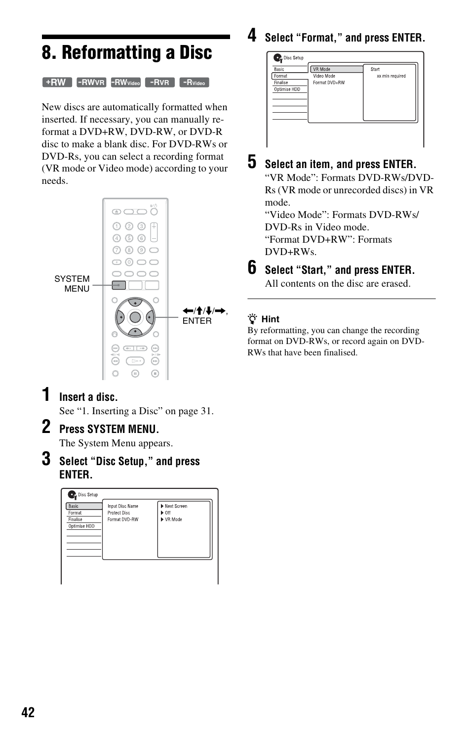 Reformatting a disc | Sony RDR-HX750 User Manual | Page 42 / 148