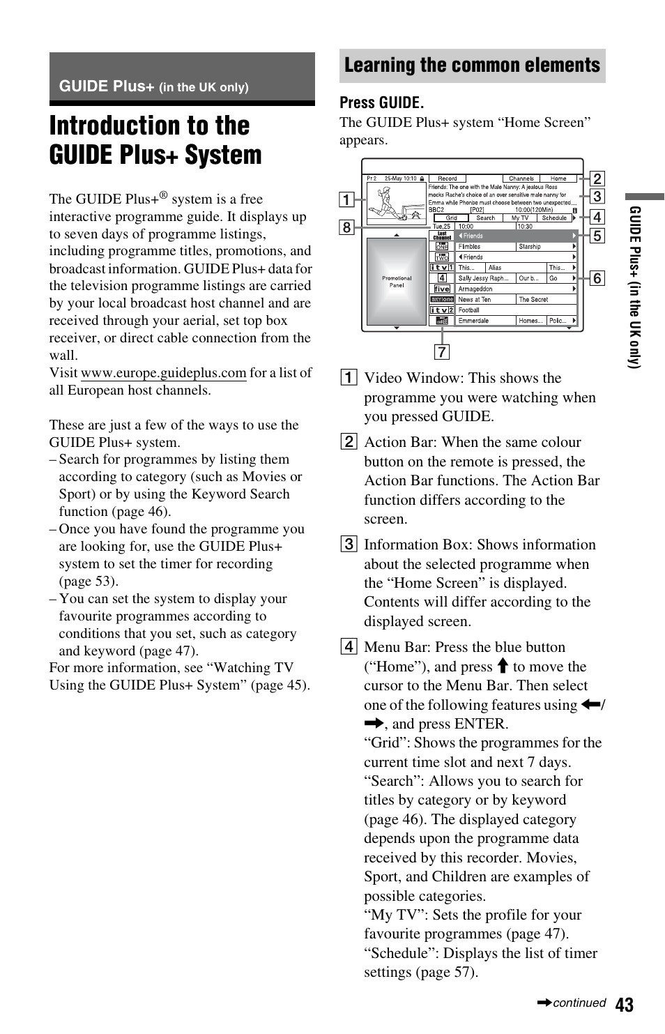 Guide plus+ (in the uk only), Introduction to the guide plus+ system, Learning the common elements | Sony RDR-HX750 User Manual | Page 43 / 148