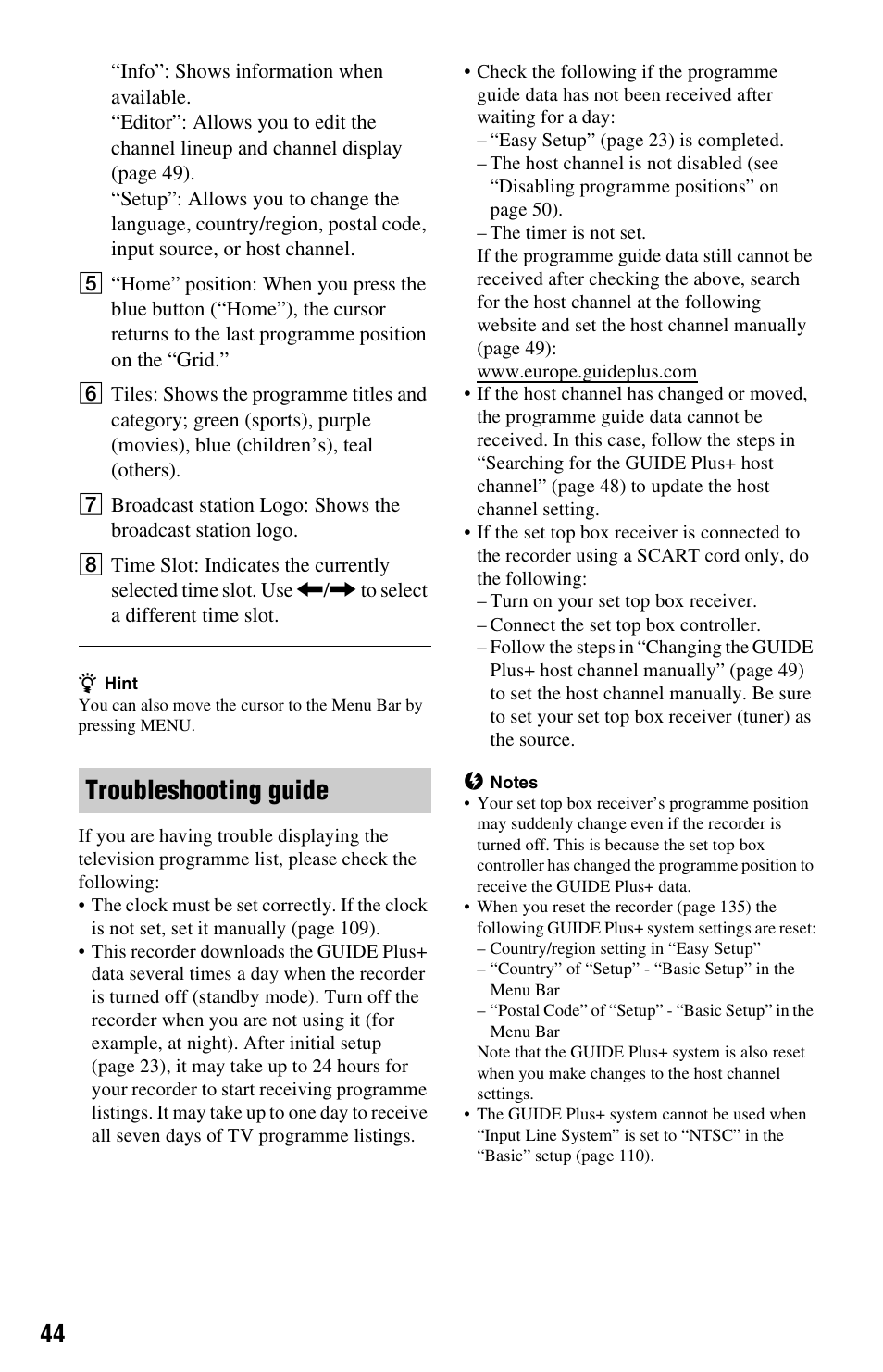 Troubleshooting guide | Sony RDR-HX750 User Manual | Page 44 / 148