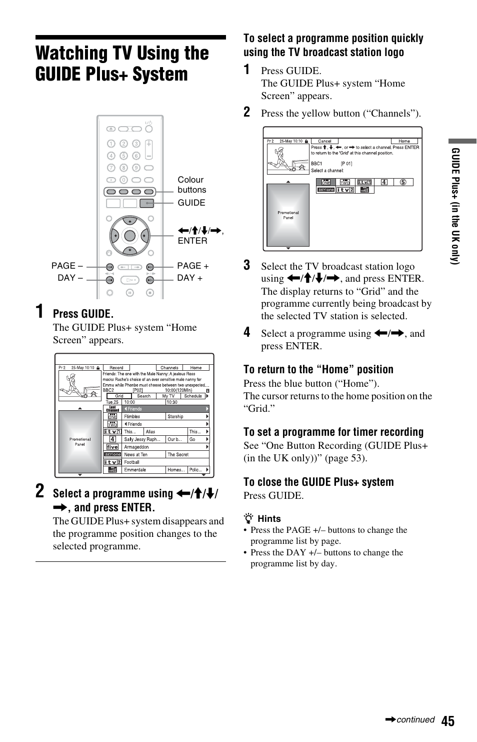 Watching tv using the guide plus+ system, Watching tv using the guide plus+ system 1 | Sony RDR-HX750 User Manual | Page 45 / 148