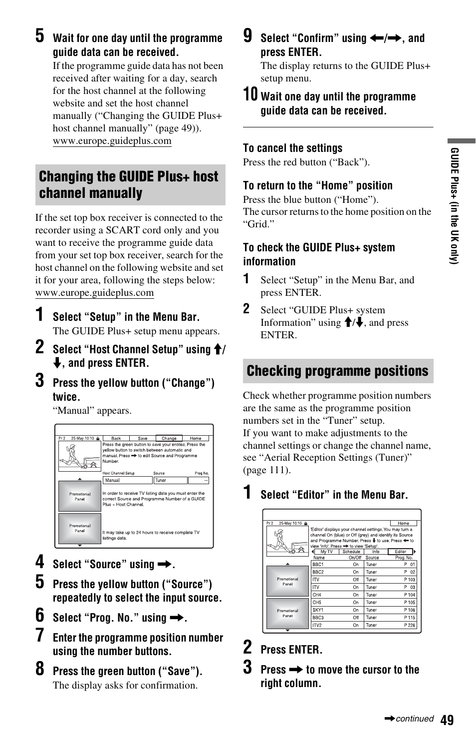 Changing the guide plus+ host channel manually, Checking programme positions, Changing the guide | Sony RDR-HX750 User Manual | Page 49 / 148
