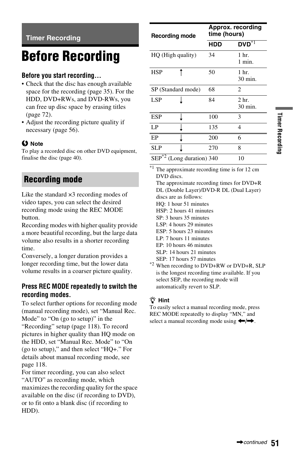 Timer recording, Before recording, Recording mode | Sony RDR-HX750 User Manual | Page 51 / 148