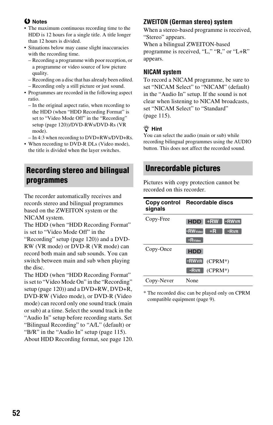Recording stereo and bilingual programmes, Unrecordable pictures, Zweiton (german stereo) system | Nicam system | Sony RDR-HX750 User Manual | Page 52 / 148