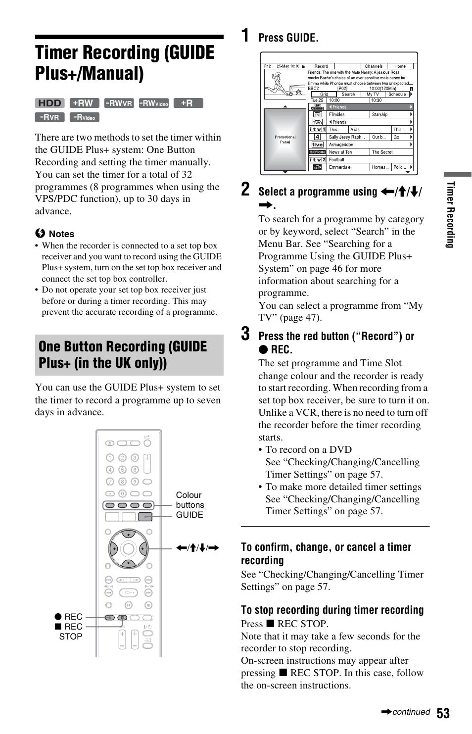 Timer recording (guide plus+/manual) | Sony RDR-HX750 User Manual | Page 53 / 148