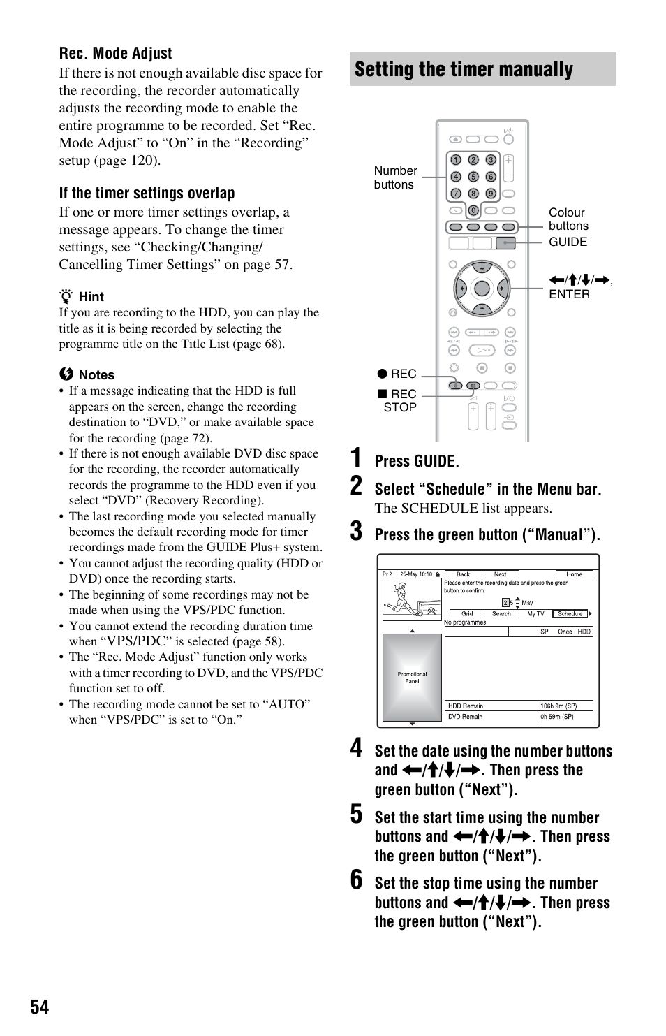 Setting the timer manually | Sony RDR-HX750 User Manual | Page 54 / 148