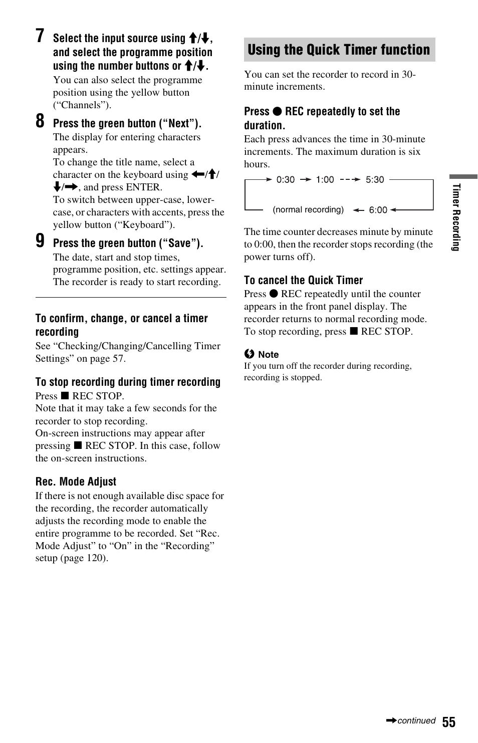 Using the quick timer function | Sony RDR-HX750 User Manual | Page 55 / 148