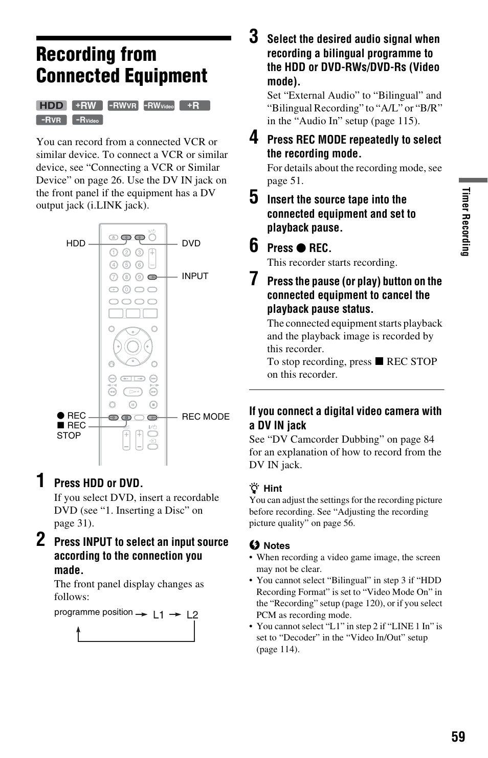Recording from connected equipment | Sony RDR-HX750 User Manual | Page 59 / 148