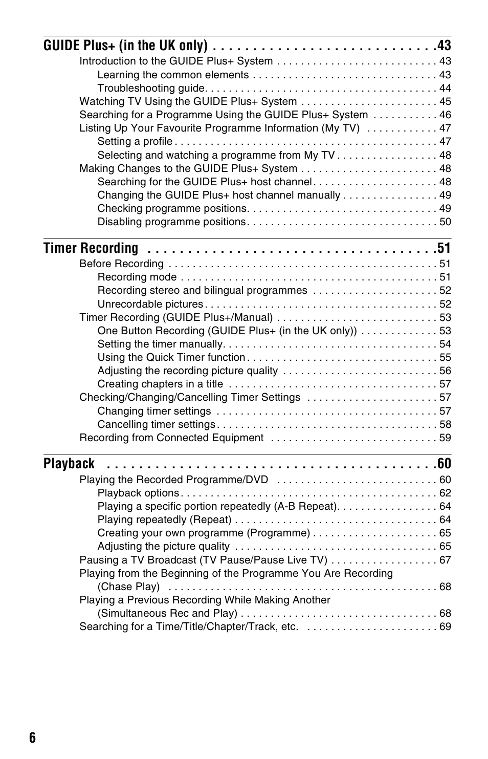 6guide plus+ (in the uk only), Timer recording, Playback | Sony RDR-HX750 User Manual | Page 6 / 148