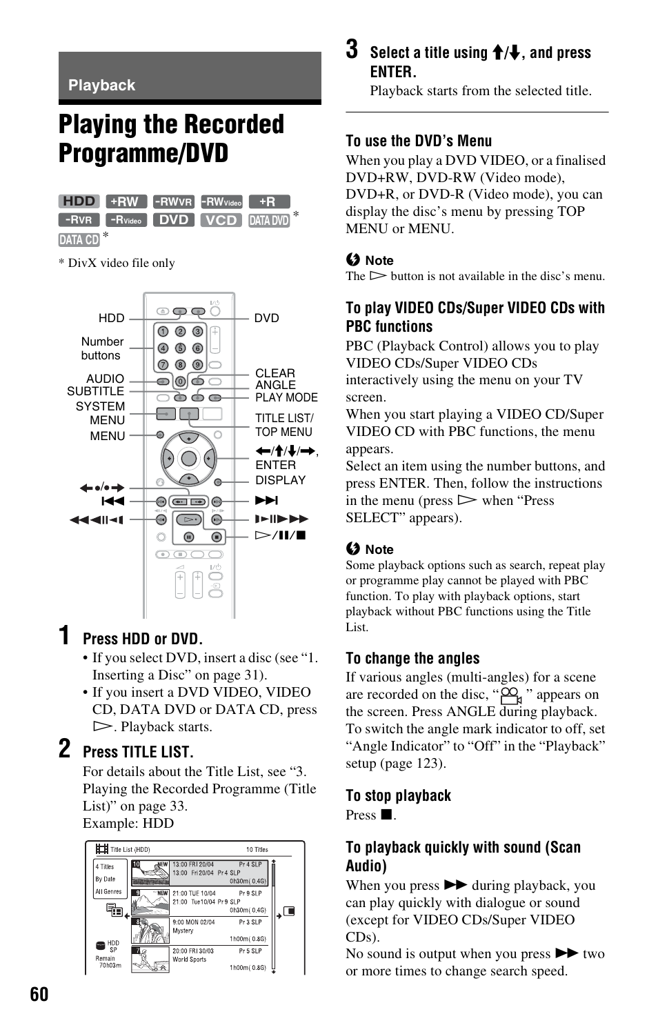 Playback, Playing the recorded programme/dvd | Sony RDR-HX750 User Manual | Page 60 / 148