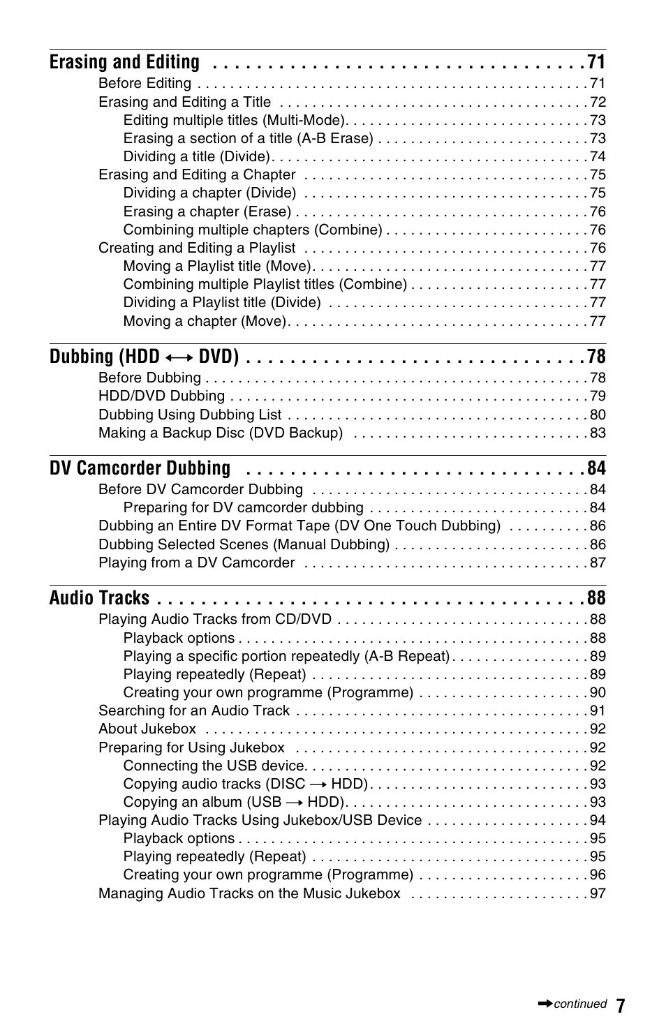 7erasing and editing, Dubbing (hdd y dvd), Dv camcorder dubbing | Audio tracks | Sony RDR-HX750 User Manual | Page 7 / 148
