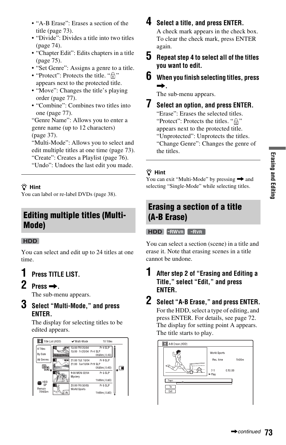 Editing multiple titles (multi-mode), Erasing a section of a title (a-b erase), Editing multiple titles (multi- mode) | Sony RDR-HX750 User Manual | Page 73 / 148