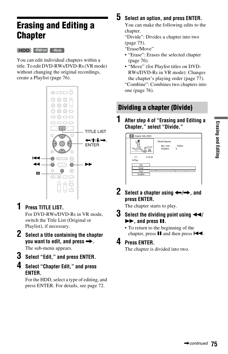 Erasing and editing a chapter, Dividing a chapter (divide) | Sony RDR-HX750 User Manual | Page 75 / 148