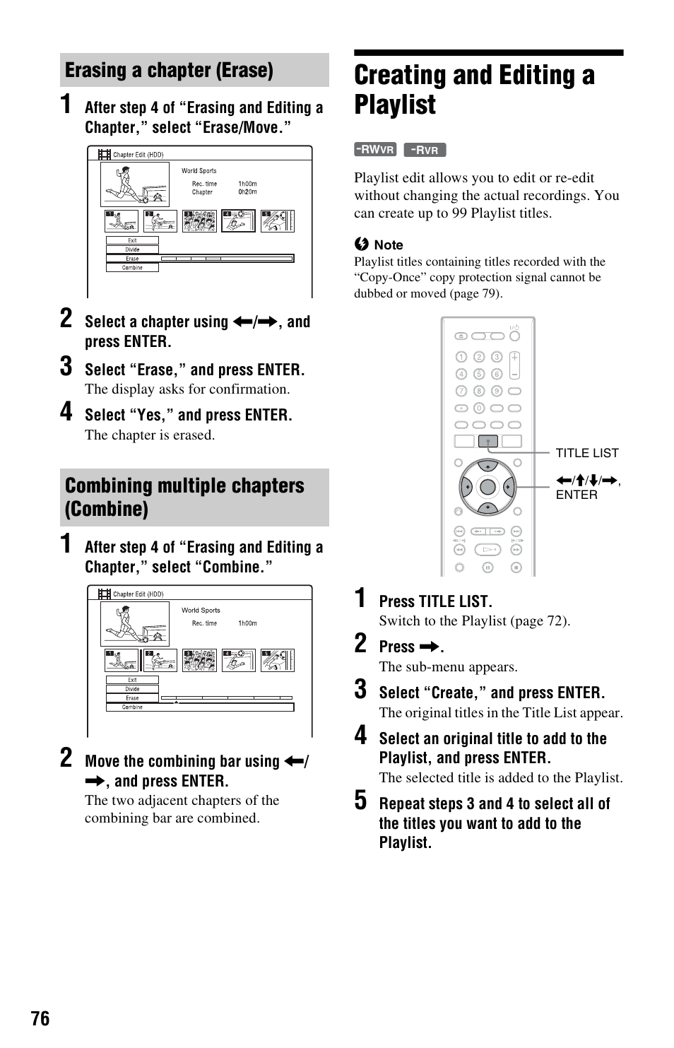 Erasing a chapter (erase), Combining multiple chapters (combine), Creating and editing a playlist | Sony RDR-HX750 User Manual | Page 76 / 148