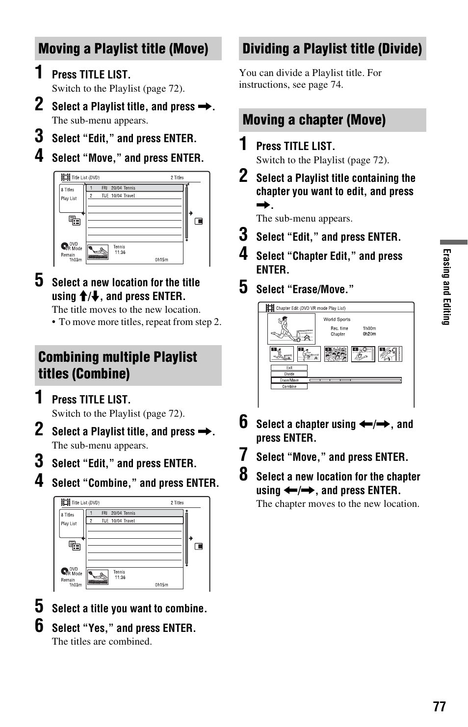 Moving a playlist title (move), Combining multiple playlist titles (combine), Dividing a playlist title (divide) | Moving a chapter (move) | Sony RDR-HX750 User Manual | Page 77 / 148