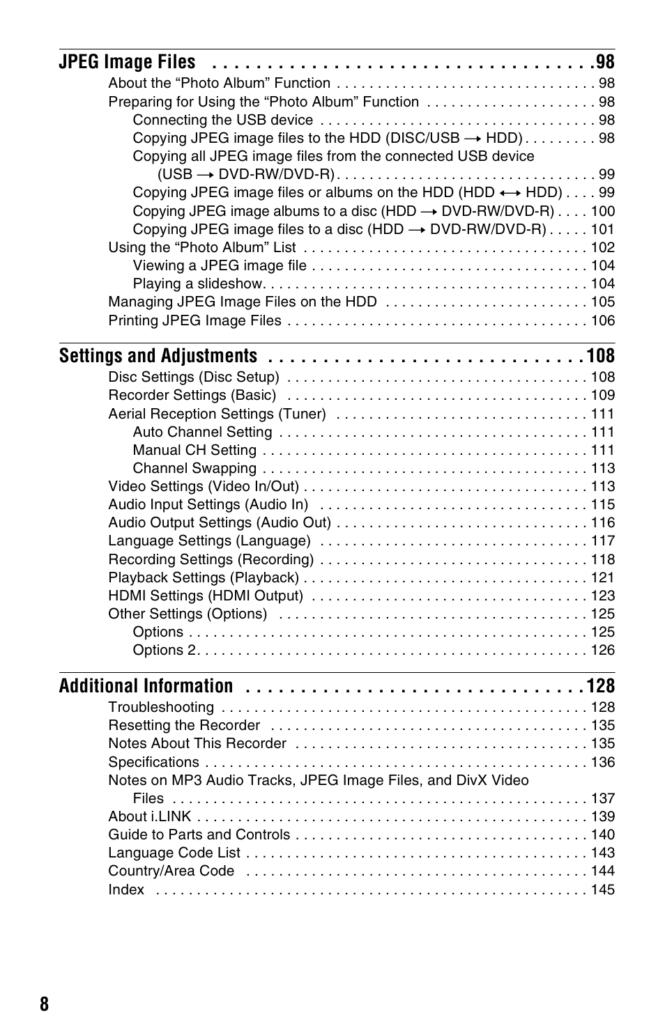 8jpeg image files, Settings and adjustments, Additional information | Sony RDR-HX750 User Manual | Page 8 / 148