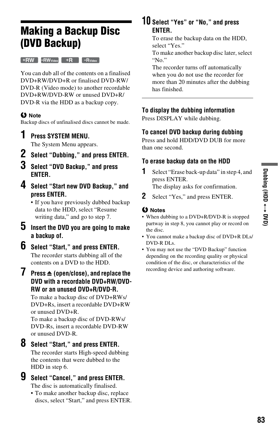 Making a backup disc (dvd backup) | Sony RDR-HX750 User Manual | Page 83 / 148