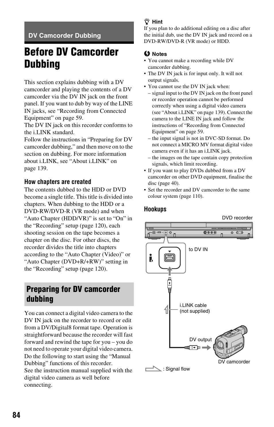 Dv camcorder dubbing, Before dv camcorder dubbing, Preparing for dv camcorder dubbing | Sony RDR-HX750 User Manual | Page 84 / 148