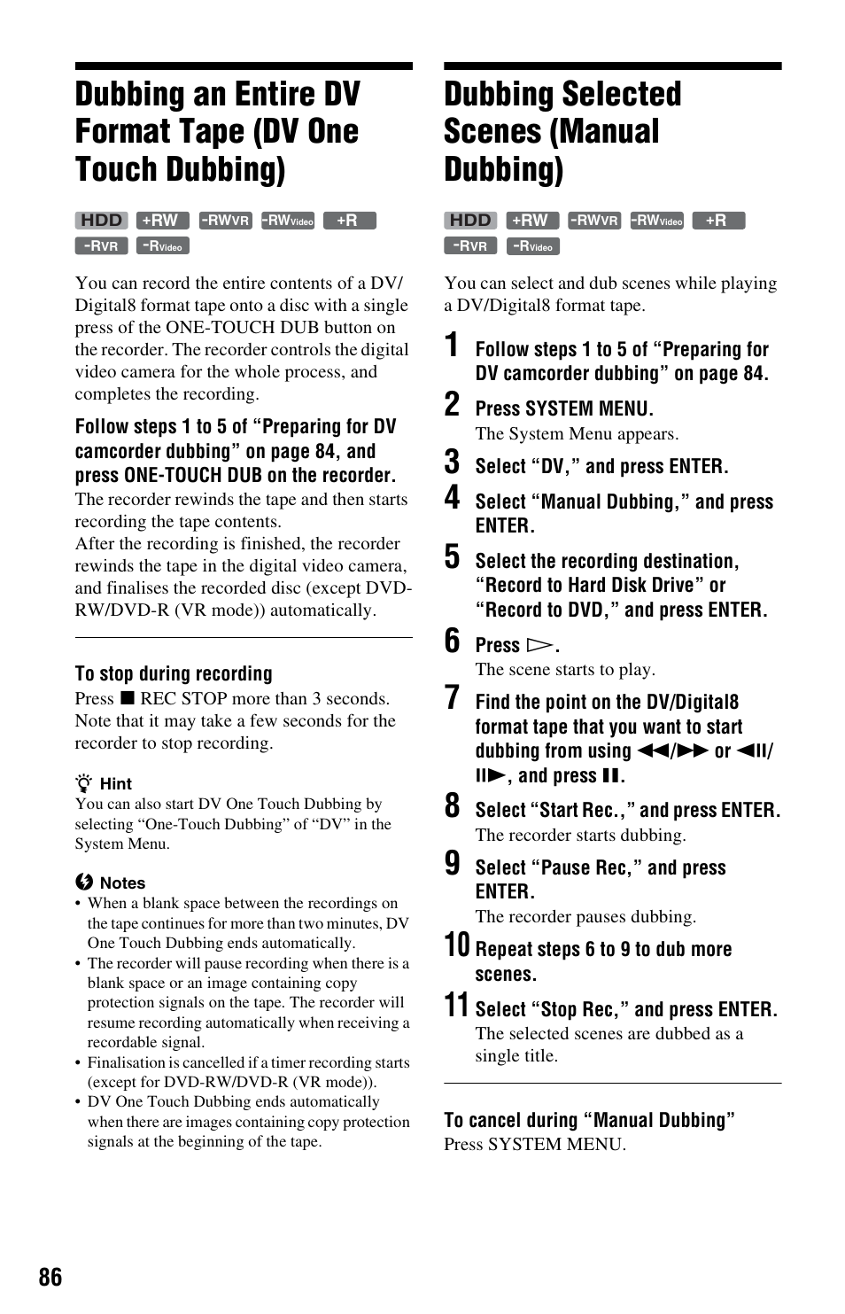 Dubbing selected scenes (manual dubbing) | Sony RDR-HX750 User Manual | Page 86 / 148