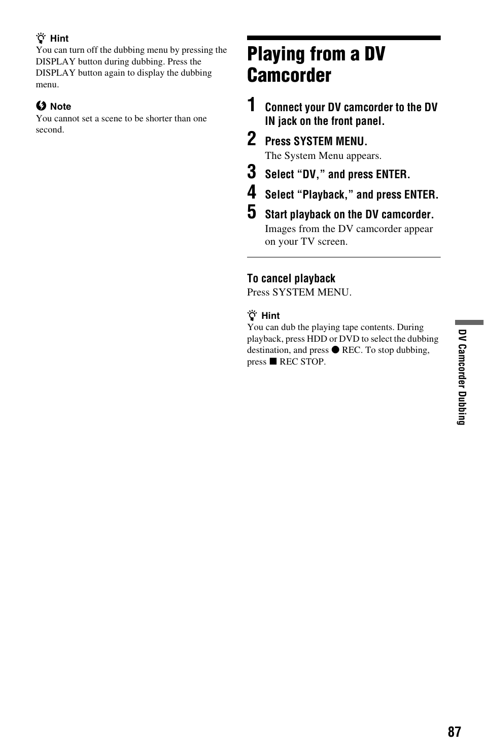 Playing from a dv camcorder, Playing from a dv camcorder 1 | Sony RDR-HX750 User Manual | Page 87 / 148