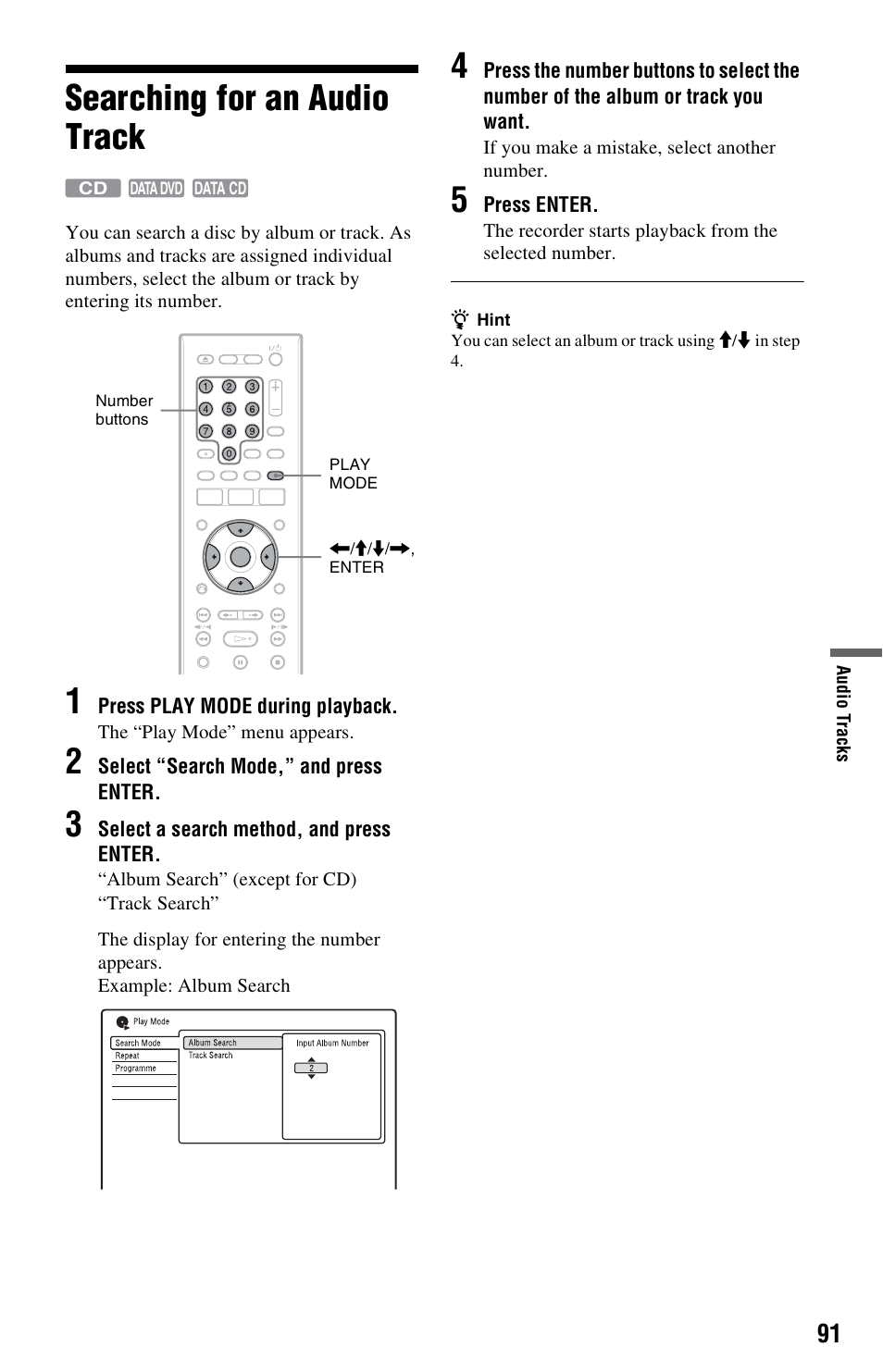 Searching for an audio track | Sony RDR-HX750 User Manual | Page 91 / 148