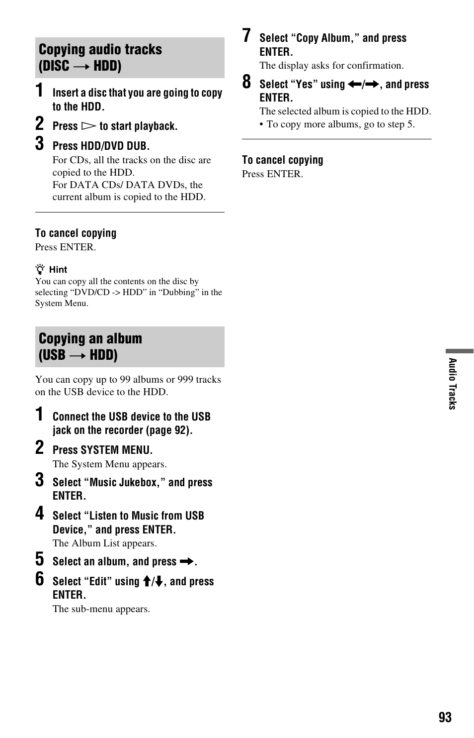 Copying audio tracks (disc t hdd), Copying an album (usb t hdd), Copying audio tracks (disc | Copying an album (usb | Sony RDR-HX750 User Manual | Page 93 / 148