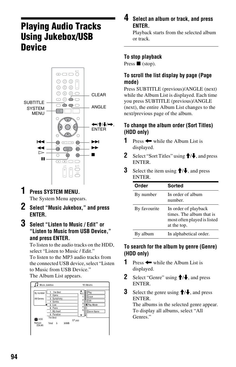 Playing audio tracks using jukebox/usb device, Playing audio tracks using jukebox/usb device 1 | Sony RDR-HX750 User Manual | Page 94 / 148