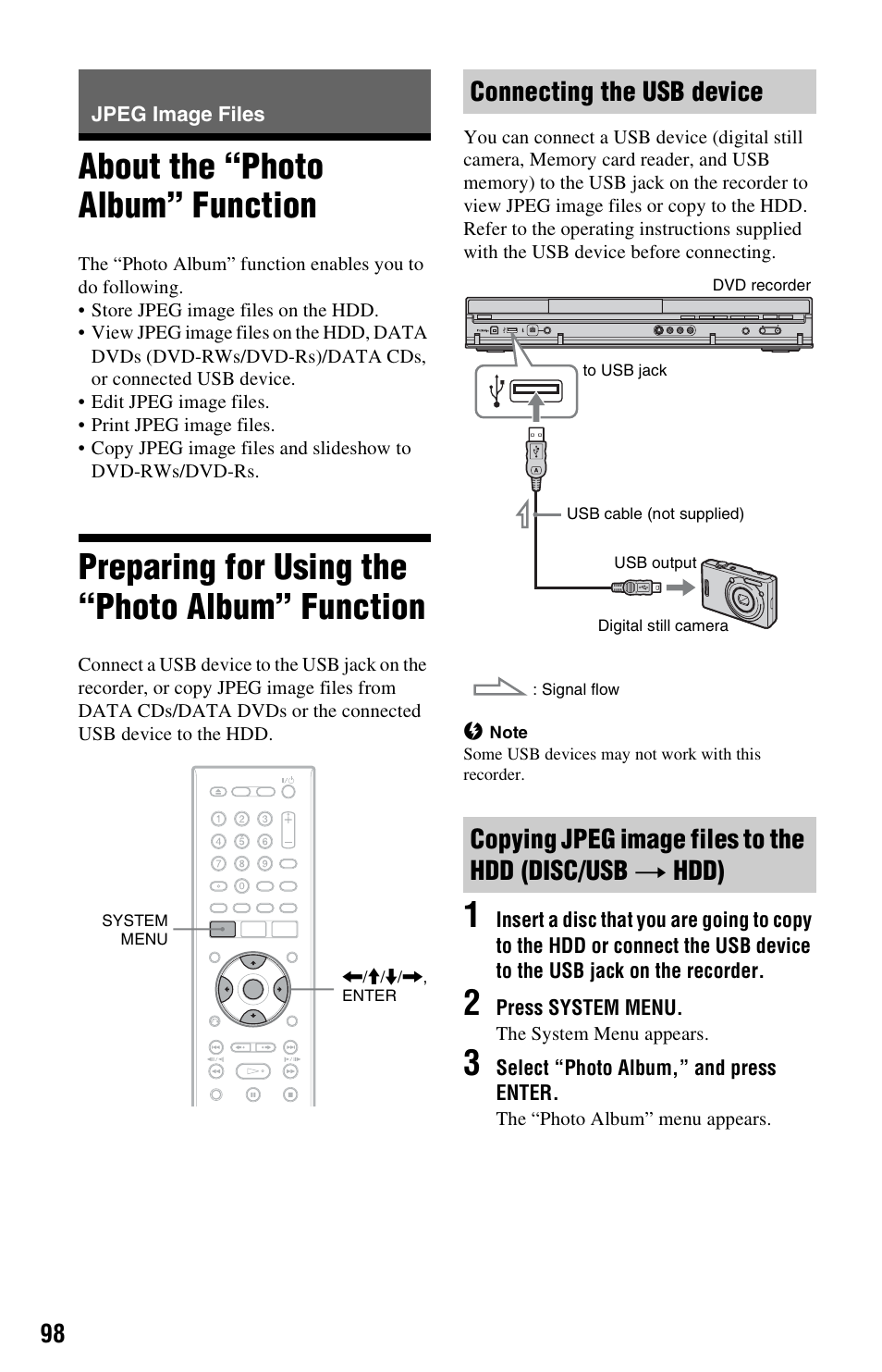 Jpeg image files, About the “photo album” function, Preparing for using the “photo album” function | Connecting the usb device | Sony RDR-HX750 User Manual | Page 98 / 148