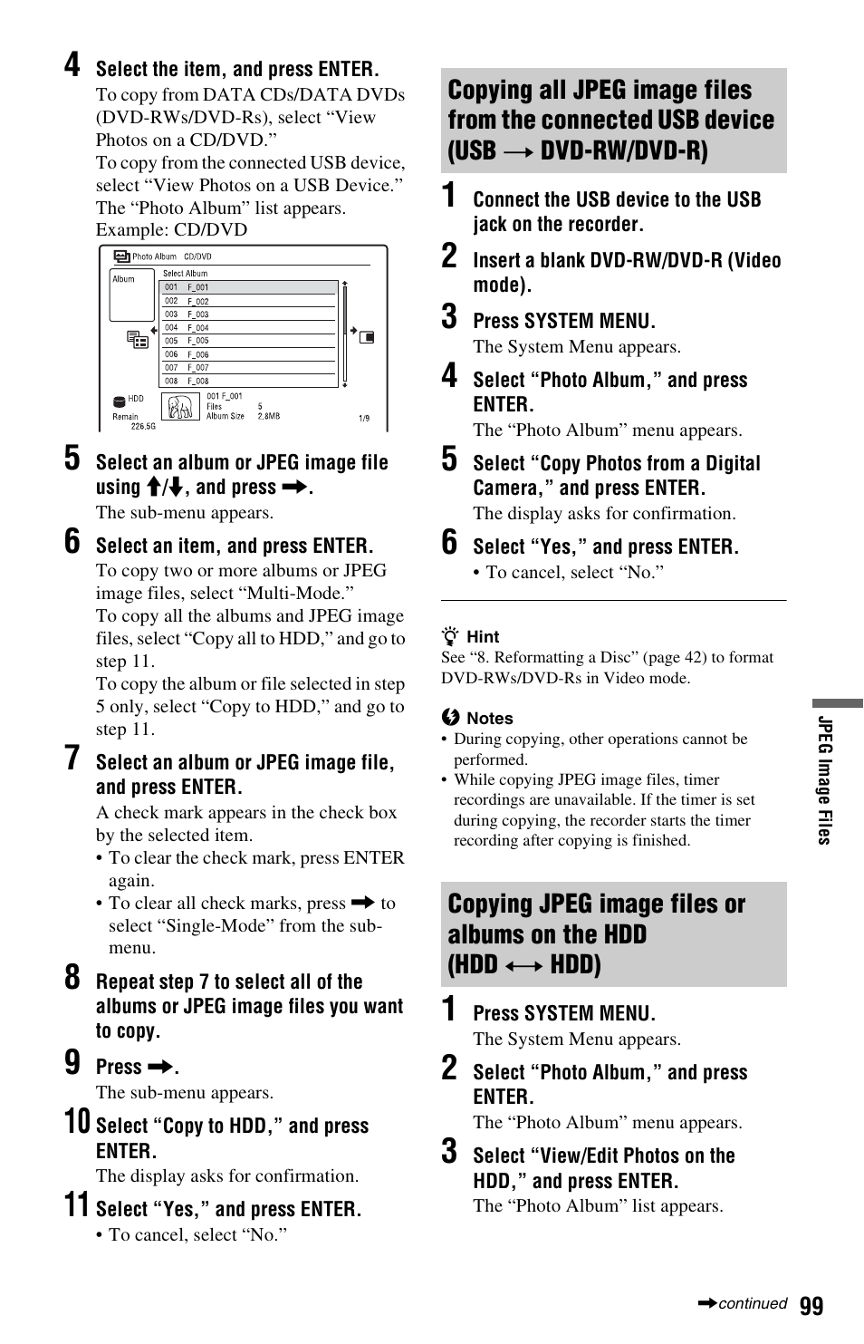 Copying jpeg image files or albums on the hdd (hdd | Sony RDR-HX750 User Manual | Page 99 / 148