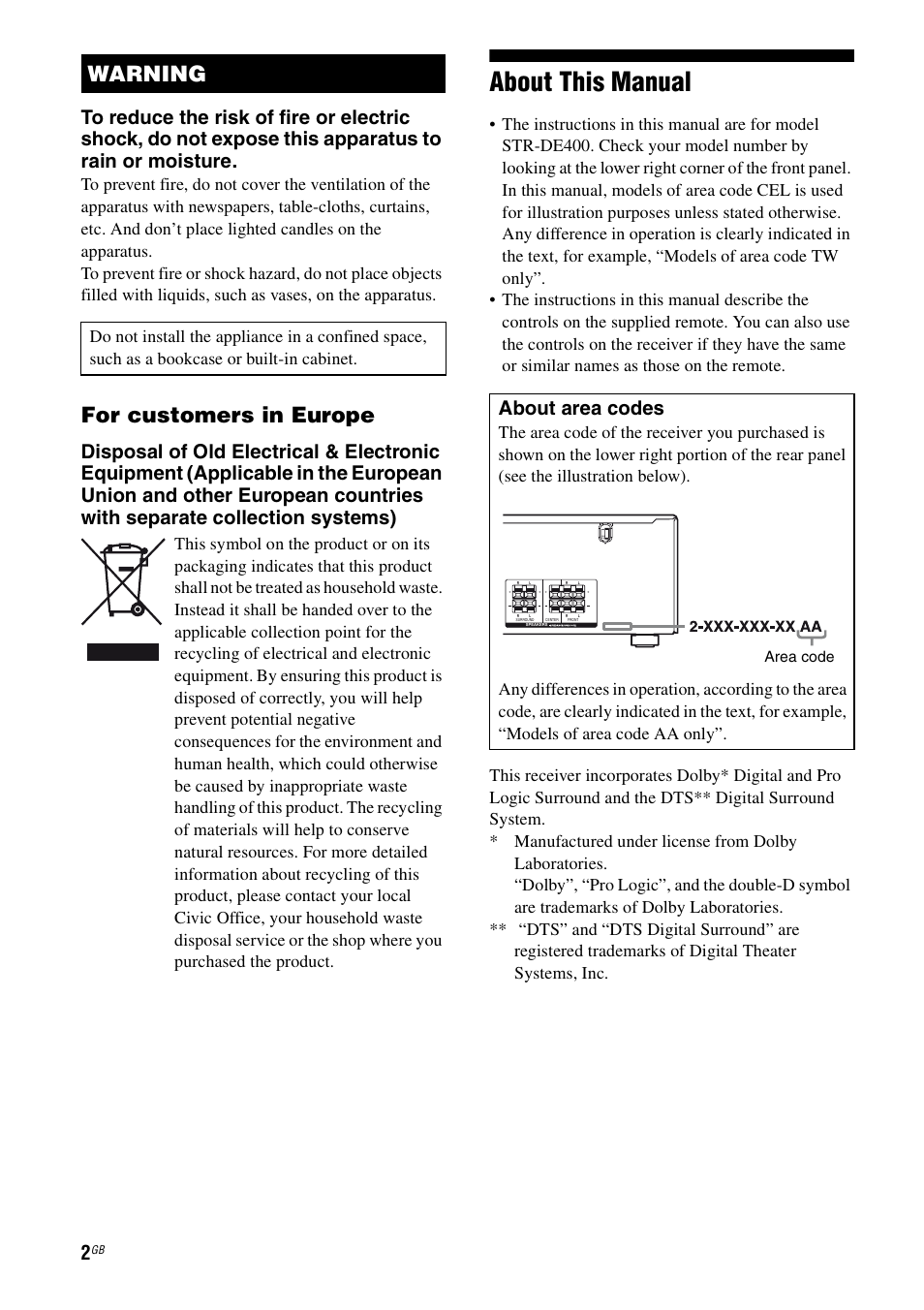 About this manual, For customers in europe, Warning | About area codes | Sony 2-680-009-12 (1) User Manual | Page 2 / 64